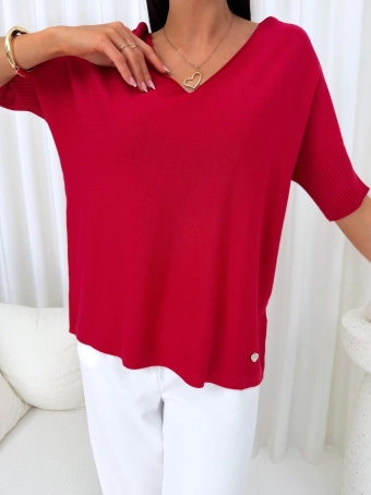 Czerwony Cienki Sweterek z Dekoltem V  14722-104-D