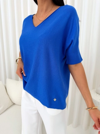 Kobaltowy Cienki Sweterek z Dekoltem V  14722-104-F