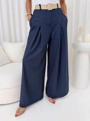 Granatowe Spodnie w Paski z Szerokimi Nogawkami 14865-20-A