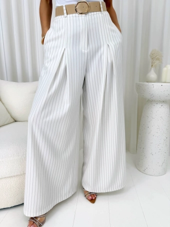 Kremowe Spodnie w Paski z Szerokimi Nogawkami 14865-20-B
