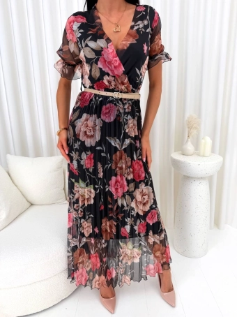 Czarna Plisowana Sukienka w Kwiaty 14872-130-B