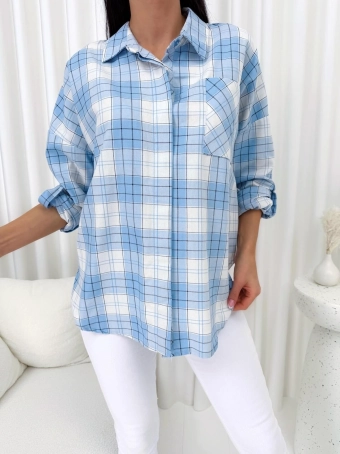 Błękitna Koszula Oversize w Kratę 14876-101-A