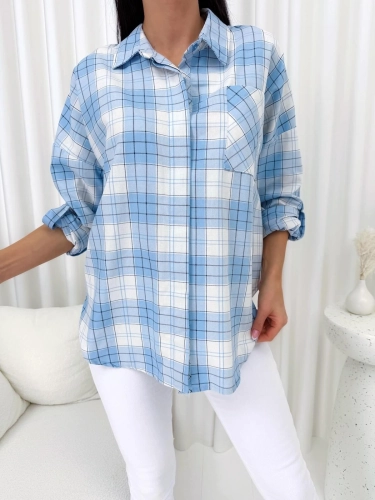 Błękitna Koszula Oversize w Kratę 14876-101-A