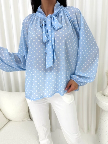 Błękitna Bluzka w Groszki z Wiązaniem pod Szyją  14877-354-A