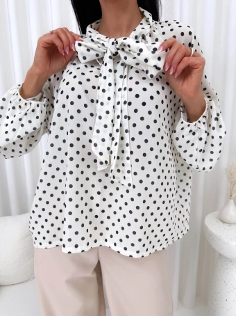 Kremowa Bluzka w Groszki z Wiązaniem pod Szyją  14877-354-B