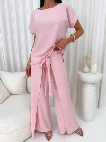 Pudrowy Komplet Bluzka + Spodnie  14878-53-F