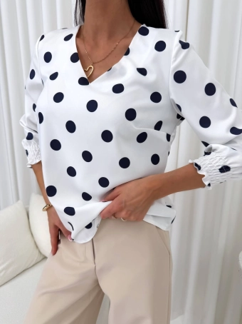 Biała Bluzka w Grochy z Dekoltem V  14883-293-Q