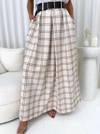Beżowa Rozkloszowana Spódnica w Kratę 14885-343-A