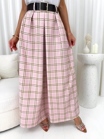 Pudrowa Rozkloszowana Spódnica w Kratę 14885-343-B