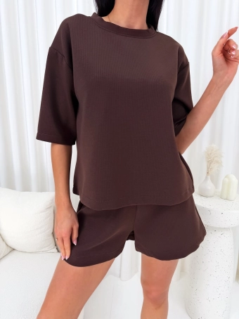 Czekoladowy Prążkowany Komplet Bluzka + Spodenki 14887-117-B