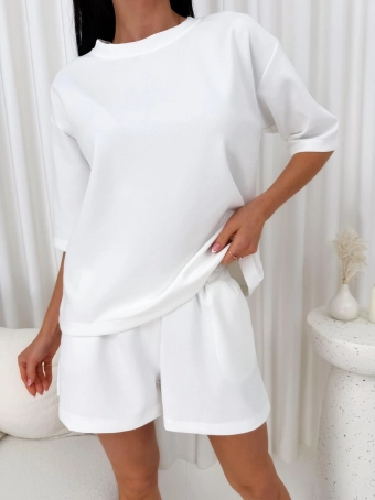 Kremowy Prążkowany Komplet Bluzka + Spodenki 14887-117-C