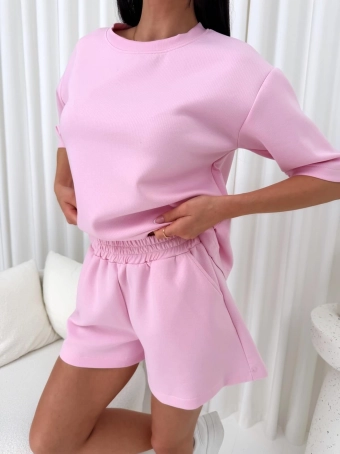 Pudrowy Prążkowany Komplet Bluzka + Spodenki 14887-117-D