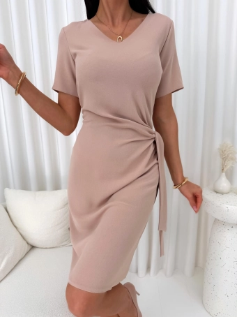 Beżowa Klasyczna Sukienka z Wiązaniem  14736-136-A