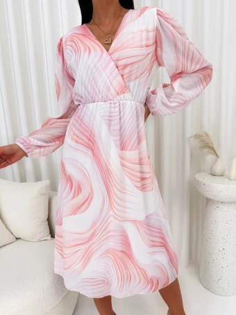 Kremowo-Pudrowa Wzorzysta Sukienka z Kopertowym Dekoltem  14797-521-C