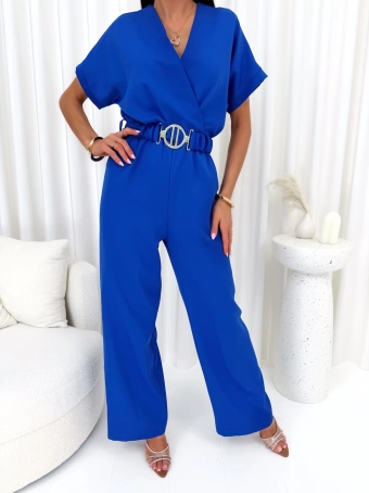 Kobaltowy Elegancki Kombinezon z Kopertowym Dekoltem  14798-281-B