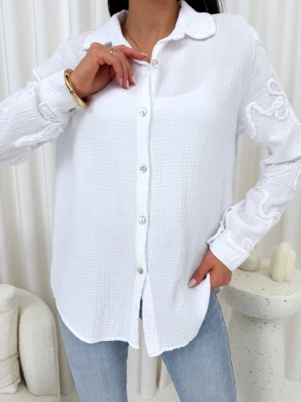 Biała Bawełniana Koszula z Aplikacją na Rękawach 14828-43-A