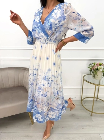 Niebiesko-Beżowa Plisowana Sukienka w Kwiaty 13604-211-B