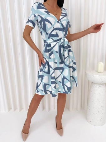 Kremowo-Miętowa Sukienka ze Wzorem i Kopertowym Dekoltem 14743-182-B