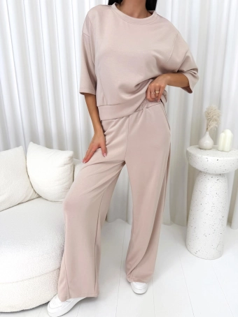 Beżowy Komplet Bluzka + Szerokie Spodnie 14888-49-B