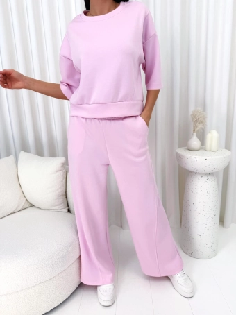Pudrowy Komplet Bluzka + Szerokie Spodnie 14888-49-D