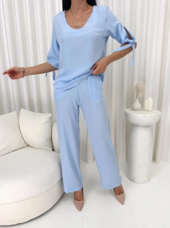 Błękitny Lekki Komplet Bluzka + Spodnie 14889-181-B