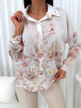 Kremowa Koszula z Motywem Kwiatowym 14900-265-B