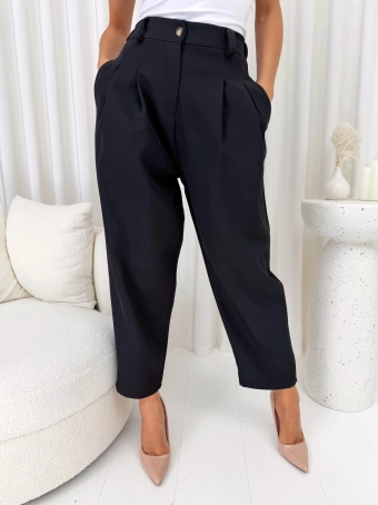 Czarne Garniturowe Spodnie z Zakładkami 14904-97-B