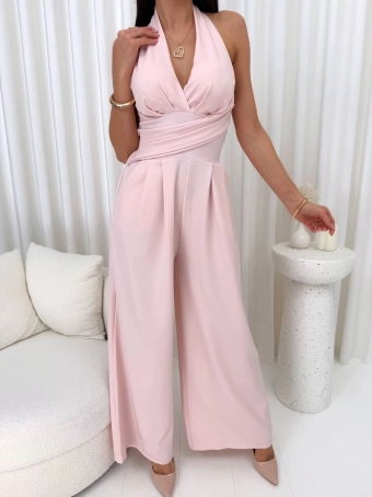 Pudrowy Elegancki Kombinezon bez Rękawów 14907-329-B