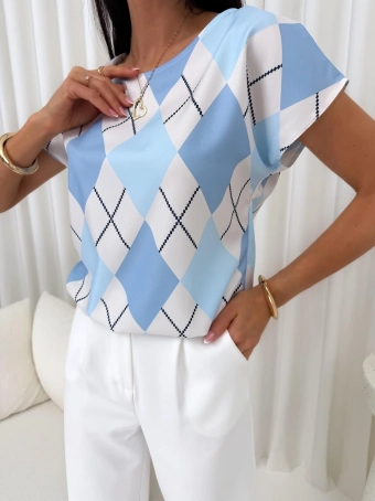 Błękitno-Beżowa Bluzeczka ze Wzorem 14911-51-Q