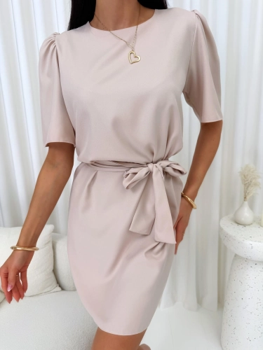 Beżowa Sukienka z Bufiastymi Rękawkami 14916-253-A