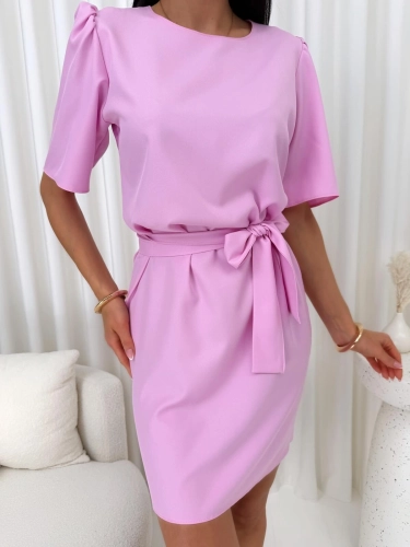 Pudrowa Sukienka z Bufiastymi Rękawkami 14916-253-D