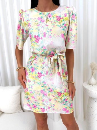 Żółta Prosta Sukienka w Drobne Kwiatki 14917-297-B