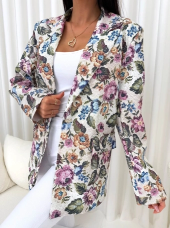 Beżowa Marynarka w Kwiaty ze Złotym Guzikiem  14902-269-Q