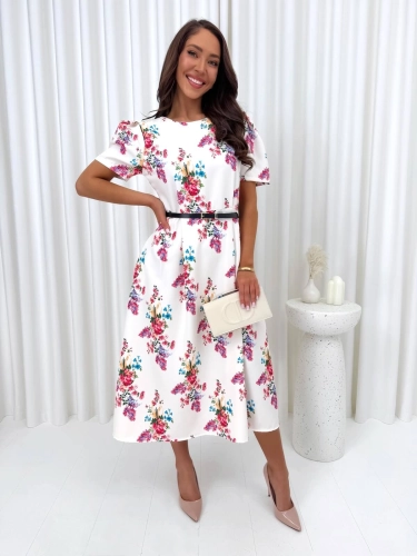 Kremowa Sukienka z Bufiastymi Rękawami w Kwiaty 14927-296-A