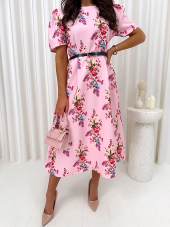 Pudrowa Sukienka z Bufiastymi Rękawami w Kwiaty 14927-296-B