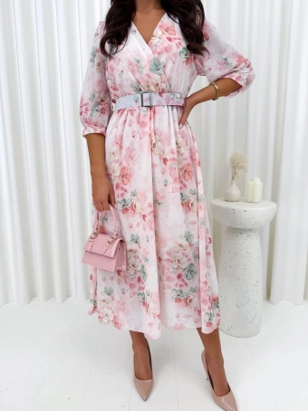 Pudrowa Sukienka z Motywem Kwiatowym 14928-417-B