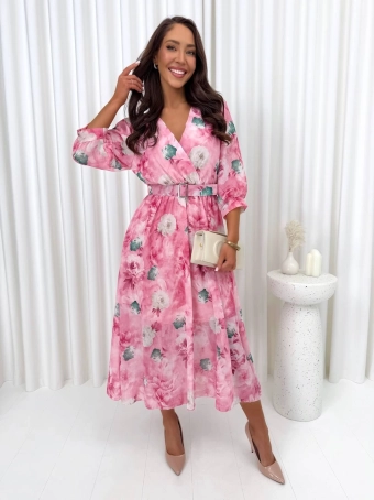Różowa Sukienka w Kwiaty z Kopertowym Dekoltem 14929-510-Q