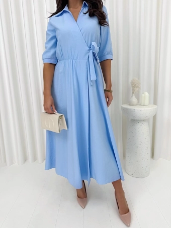 Błękitna Sukienka z Kołnierzykiem i Wiązaniem 14930-14-A