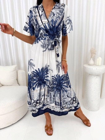 Granatowo-Beżowa Sukienka ze Wzorem 14939-212-B