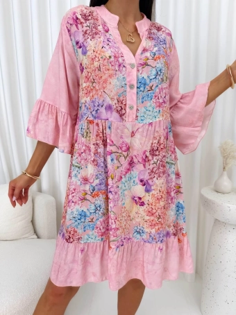 Pudrowa Sukienka Oversize w Kwiaty 14940-127-B