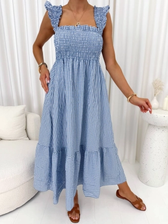 Błękitna Sukienka w Kratkę na Ramiączkach 14941-18-A