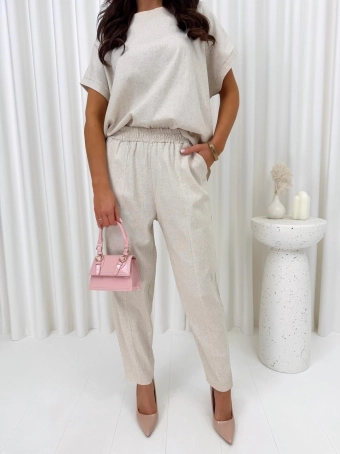 Beżowy Lniany Komplet  14934-410-A