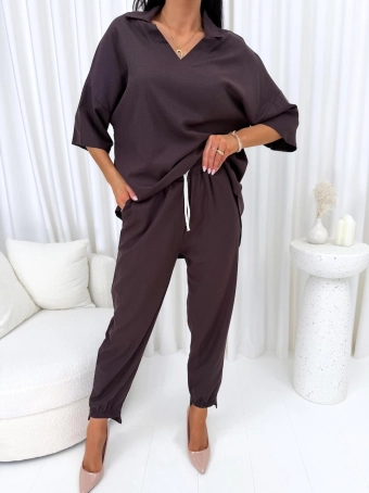 Czekoladowy Lniany Komplet Bluzka + Spodnie 14935-78-B