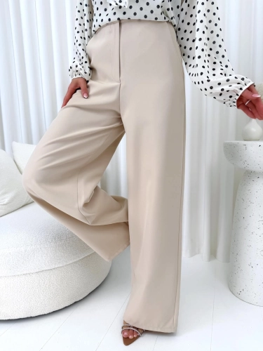 Beżowe Eleganckie Spodnie Wide Leg 14871-335-A