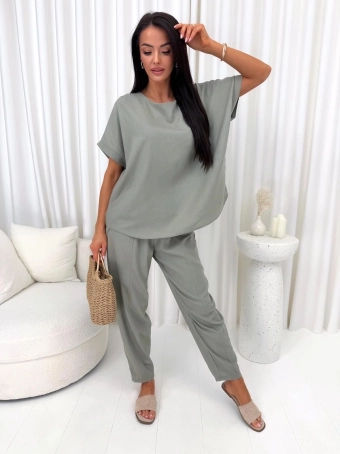 Khaki Lniany Komplet  14934-410-D