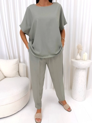 Khaki Lniany Komplet  14934-410-D