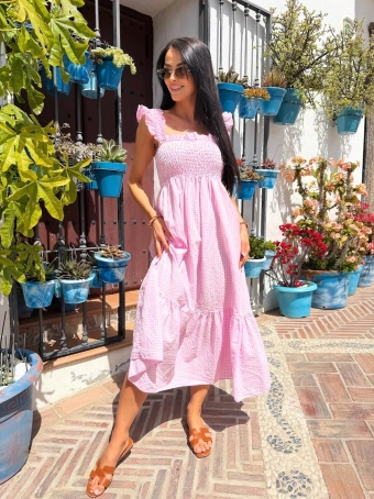 Pudrowa Sukienka w Kratkę na Ramiączkach 14941-18-C