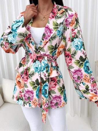 Pudrowa Marynarka Oversize w Kwiaty 14969-01-Q