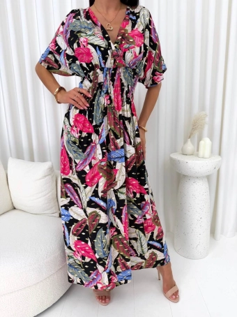 Czarna Sukienka Maxi w Kolorowe Liście 14956-15-A