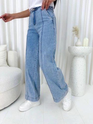 Błękitne Jeansowe Spodnie Wide Leg z Przeszyciami 15048-154-A